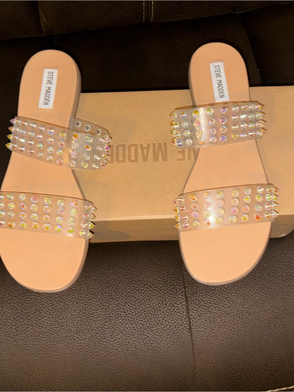 Steve Madden Nude Slide Sandals with Iridescent Studs